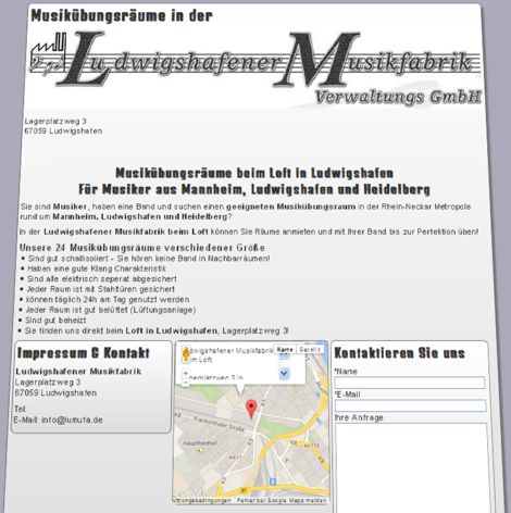 Webdesigner Referenz Ludwigshafener Musikfabrik: Kleine Mini Webseite für die Übungsräume der ...